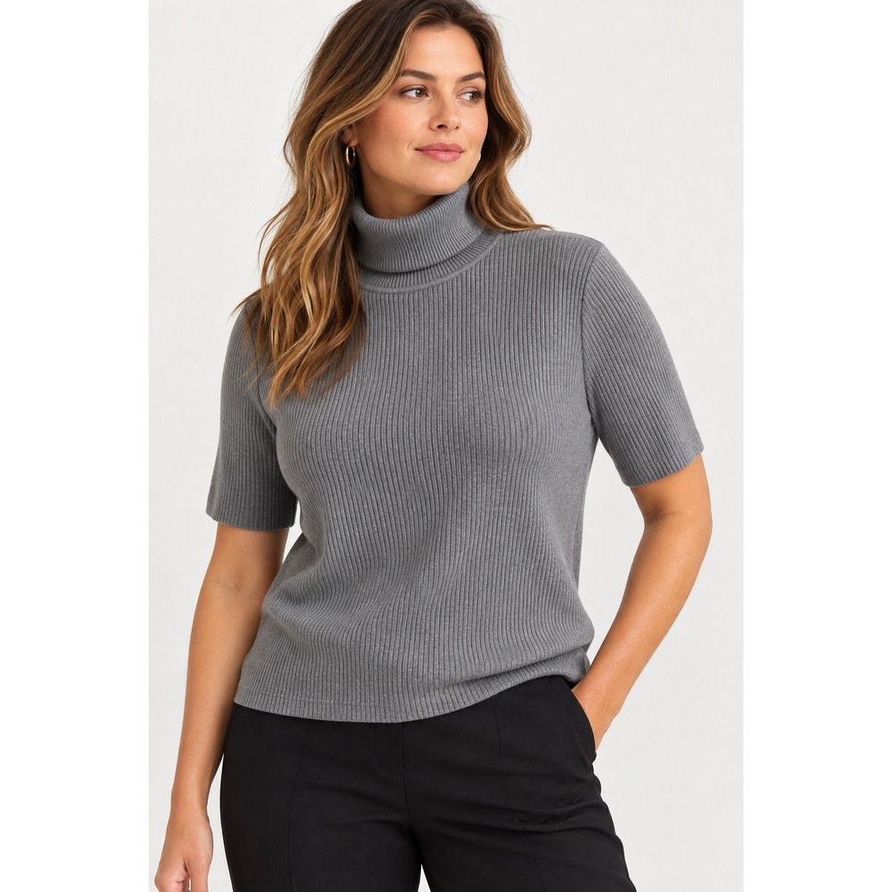Coldwater Creek Silk Blend Ribbed Turtleneck Sweater XL Gray Short Sleeve